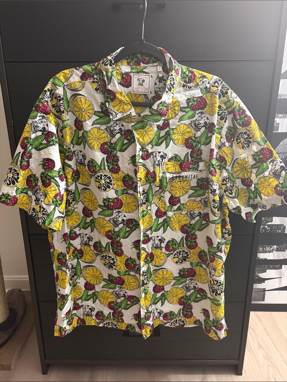 Casual Men’s Short Sleeve Button-Down Shirt - Lemon Print White/Yellow